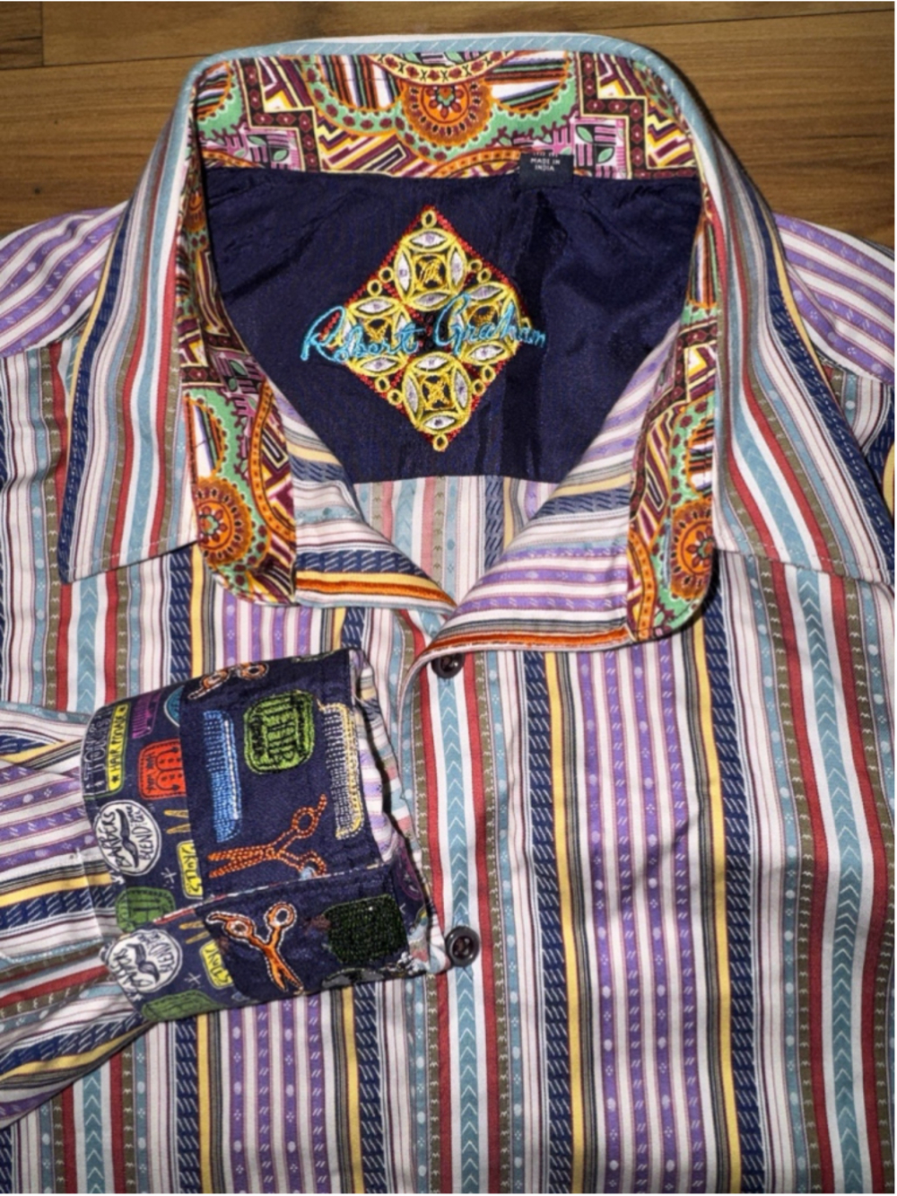 Robert Graham Multicolor Stripe Button Down Shirt M Southwestern Embroidered